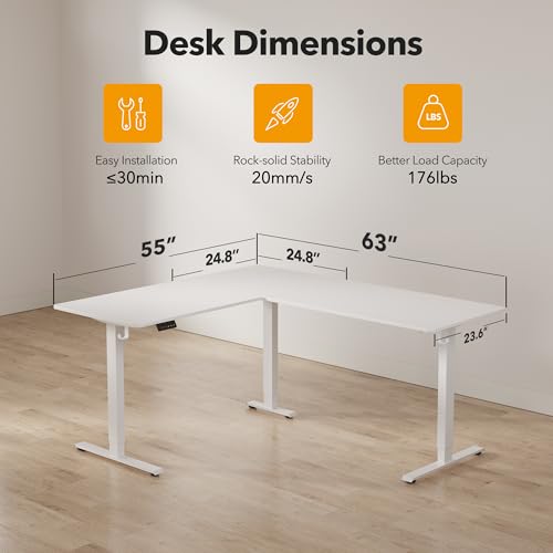 CubiCubi L Shaped Standing Desk 63 x 55 Inch Adjustable Height, Electric Corner Desk, Sit Stand Home Office Desk with Splice Board, White CubiCubi