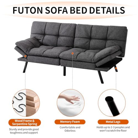 MUUEGM Futon Sofa Bed 71" Gunmetal Convertible Memory Foam Futon Couch Bed Modern Loveseat Sleeper with Adjustable Backrests Armrests for Living Room,Small Space,Office MUUEGM