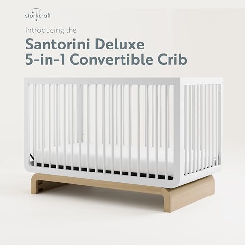 Storkcraft Santorini Deluxe 5-in-1 Convertible Crib with Bonus Toddler Guardrail (White with Driftwood) – GREENGUARD Gold Certified, Toddler Guardrail Included in Box, Fits Standard Crib Mattress Storkcraft
