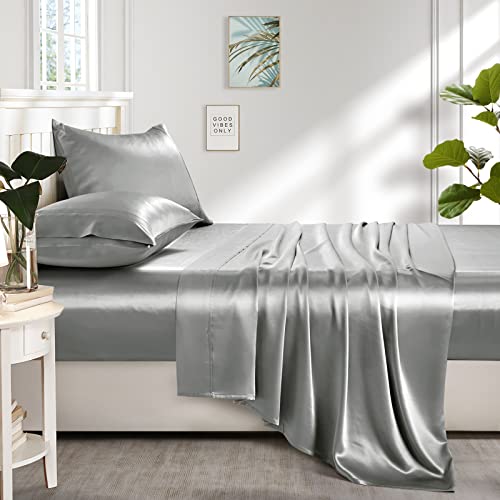 Lanest Housing Silk Satin Sheets, Full Size Satin Bed Sheet Set with Deep Pockets, Cooling Soft and Hypoallergenic Satin Sheets Full - Light Gray Lanest Housing
