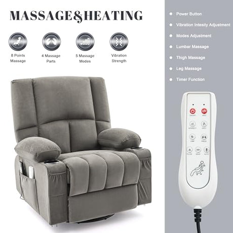 Reedvales Oversized Recliner Chairs for Adults, 270° Swivel Rocker Recliner with Heat and Massage Lazy Boy Recliner, Recliner Chairs Single Sofa Seat with Cup Holders (Grey, Electric) Reedvales