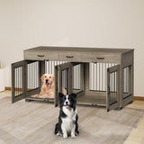 71''Wooden Dog Crate Furniture for 2 Dogs, XXL Indoor Double Dog Kennel with 3 Storage Drawers and Removable Divider, Wooden Double Doors, Large Dog Crate TV Stand End Table, Gray GarveeTech
