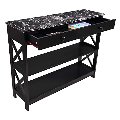 Convenience Concepts Oxford 1 Drawer Console Table with Shelves, Black Faux Marble/Black Convenience Concepts