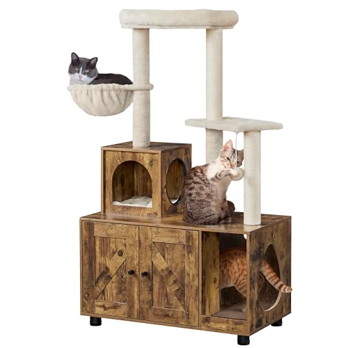 Yaheetech Cat Tree with Litter Box Enclosure, 2-in-1 Cat Tower with Condo & Scratching Post, 53in Tall Cat Tree for Indoor Large Cats, Cat Activity Center, Rustic Brown/Beige
