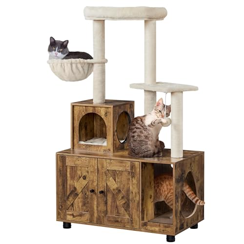 Yaheetech Cat Tree with Litter Box Enclosure, 2-in-1 Cat Tower with Condo & Scratching Post, 53in Tall Cat Tree for Indoor Large Cats, Cat Activity Center, Rustic Brown/Beige Yaheetech
