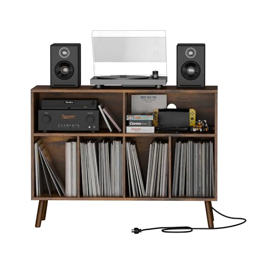 Cozy Castle Record Player Stand with Vinyl Storage Cabinet, Wood Turntable Table Open Shelf Holder Up to 350 Albums Cube Storage Organizer for Living Room, Office, Rustic Brown Cozy Castle
