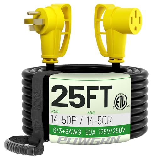 POWGRN 50 Amp RV/EV Extension Cord 25 FT Outdoor with Grip Handle, Flexible Heavy Duty 6/3+8/1 Gauge STW 4 Prong RV Power Cord Waterproof, NEMA 14-50P to 14-50R, Black-Yellow, ETL Listed - WoodArtSupply