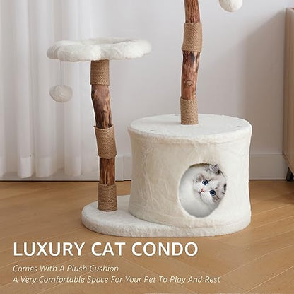 NATURAL EXPRESSIONS Modern Cat Tree and Tower for Indoor, Luxury Solid Wood Cat Condo for Large Cats, Flower Cat Tree with Scratching Post, Cat