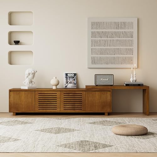 LUMISOL Extendable TV Stand for Living Room, Media Extendable Console TV Table for TVs up to 75” Farmhouse Entertainment Cabinet with Doors and Adjustable Shelves, Brown Ebony LUMISOL