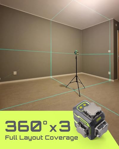 LasGoo LG-3DM Green Beam Laser Level, Self-Leveling 3x360° Cross Line Laser for Construction and Picture Hanging, 5200mAh Built-in Rechargeable Battery, Type-C Cable, Magnetic Rotating Stand Included LASGOO