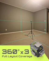 LasGoo LG-3DM Green Beam Laser Level, Self-Leveling 3x360° Cross Line Laser for Construction and Picture Hanging, 5200mAh Built-in Rechargeable Battery, Type-C Cable, Magnetic Rotating Stand Included LASGOO