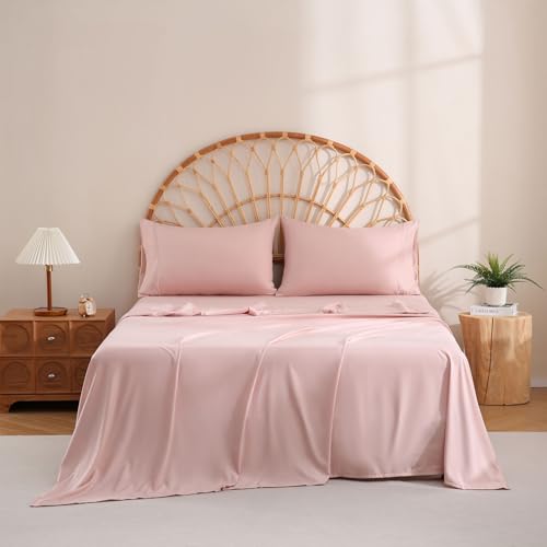 JSD Dusty Pink Twin Sheet Set with Side Pocket Corner Straps, 3 Piece Soft Kids Microfiber Bed Sheets Extra Deep Pocket JSD