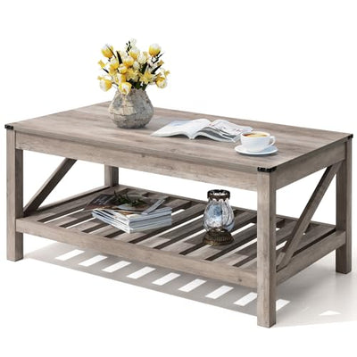 JOINHOM Farmhouse Coffee Table with 2-Tier Shelves - Rectangular Coffee Table with Storage for Living Room, Wood Coffee Table with Sturdy Frame, Washed Grey