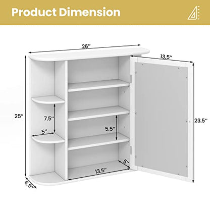 Tangkula Bathroom Medicine Cabinet with Mirror, Wall Mounted Bathroom Storage Cabinet w/Mirror Door & 6 Open Shelves, Adjustable Shelves, Mirrored Bathroom Wall Cabinet (White) - WoodArtSupply