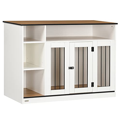 PawHut Dog Crate Furniture with Adjustable Shelf, Dog Crate End Table, Indoor Pet Crate for Medium and Large Dogs, with Large Flat Surface, 47" x 23.5" x 35", White