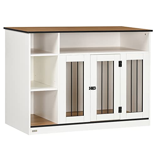 PawHut Dog Crate Furniture with Adjustable Shelf, Dog Crate End Table, Indoor Pet Crate for Medium and Large Dogs, with Large Flat Surface, 47" x 23.5" x 35", White - WoodArtSupply