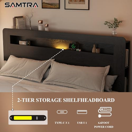 Wooden Bed Frame King Size with Storage Headboard - Farmhouse Platform Bed Frame with Bookcase Shelf & Led Lights, Sturdy Wood Slat Framework Bed Frame (Black LED) SAMTRA