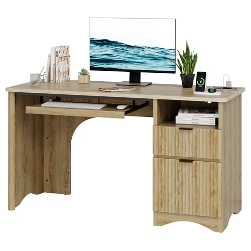 Bestier Computer Desk with Drawer, 55 inch Office Desk with Power Outlet, Modern Home Office Desk with Keyboard Tray (Natual Oak, 55" W with Single-Sided Drawers) Bestier