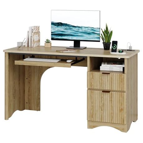 Bestier Computer Desk with Drawer, 55 inch Office Desk with Power Outlet, Modern Home Office Desk with Keyboard Tray (Natual Oak, 55" W with Single-Sided Drawers) Bestier