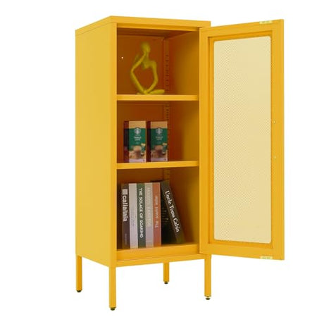 Slim Metal Storage Cabinet with Mesh Doors - 42'' Tall Narrow Organizer Tower, Compact Freestanding Cabinet, Versatile Utility Storage for Home, Office, Kitchen, Living Room, Durable and Modern Design ALBAD