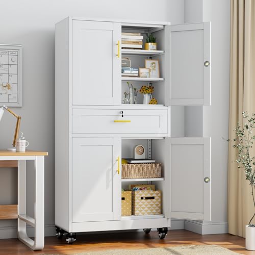Ckzbx Metal Garage Storage Cabinets with Locking Doors and Adjustable Shelves, Tool Cabinets on Wheels, 75" H Heavy Duty Storage Organizers with Drawer for Garage Warehouse (White) Ckzbx