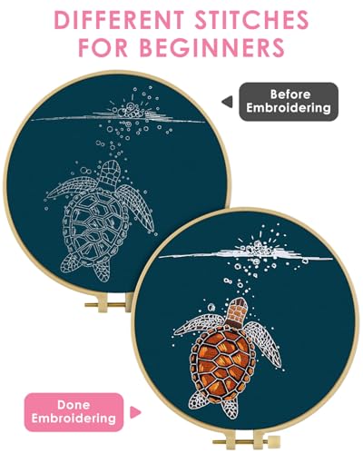 TINDTOP Embroidery Kit for Beginners Adult, Turtle Embroidery Practice Kit for Beginners Include Embroidery Cloth Hoops Threads for Craft Lover Hand Stitch with Embroidery Skill Techniques TINDTOP