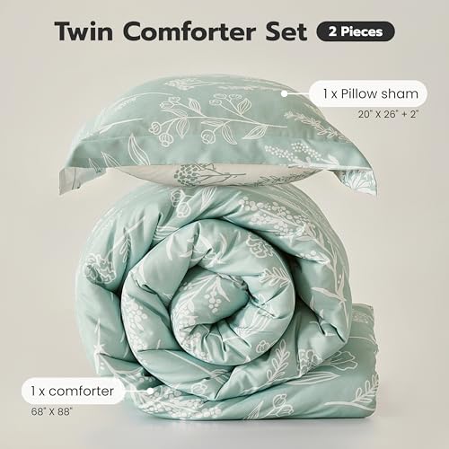 Joiedomi Twin Comforter Set, Sage Green 2 Pieces Floral Twin Bedding Set for School Girls Bed with 1 Soft Reversible Botanical Comforter and 1 Pillow Sham, Bed in a Bag for All Seasons Joiedomi