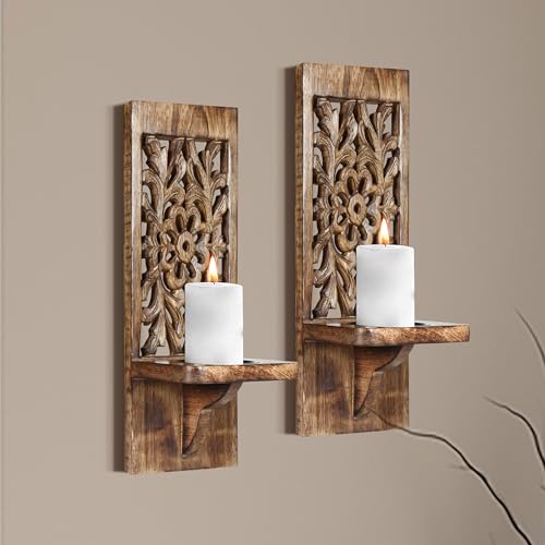 Wall Mounte Candle Sconces Set of 2, Decorative Wooden Candle Holder, Hand Carved Farmhouse Candle Sconce, Perfect for Living Room Bedroom Bedroom Kitchen Wall Decoration - 16 Inch - Burnt An - WoodArtSupply