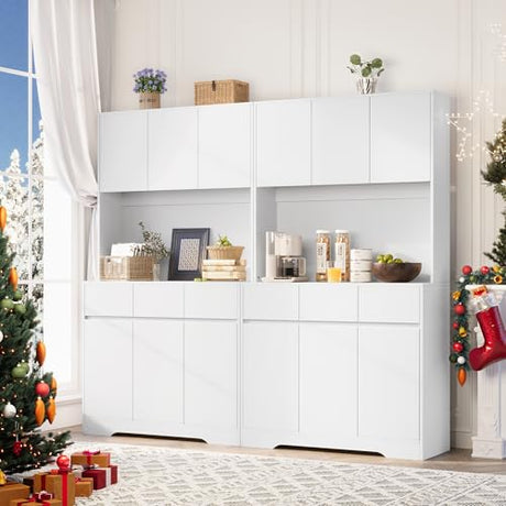 71'' Pantry Cabinet with LED Light & Charging Station, Tall Freestanding Kitchen Storage Cabinet with Microwave Stand, Modern Hutch with Drawers & Open Countertop for Dining Room, Living Room, White NUNU LAB