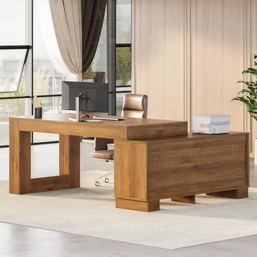 LITTLE TREE 63" L Shaped Executive Desk with Storage, Farmhouse Home Office Desk with 2-Tier Cabinets and Shelves, Large Wooden Computer Table Business Furniture Workstation Set, Brown LITTLE TREE
