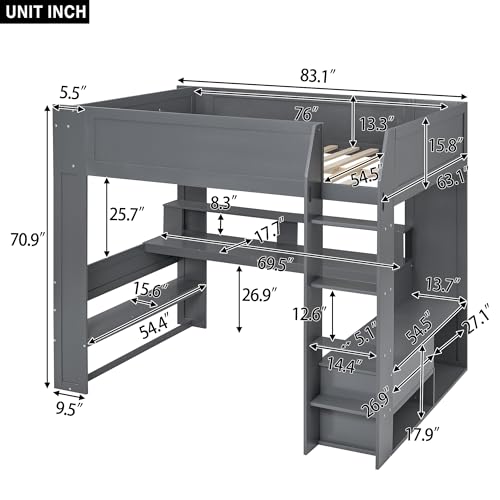 Brabrety Dark Gray Full Size Gaming Loft Bed with Desk, LED Lights and Storage Solutions - WoodArtSupply