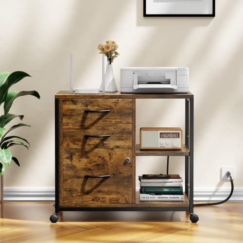 Himusi File Cabinet, Filing Cabinets for Home Office with Lock and USB Charging Port, 3 Drawer Wood File Cabinets for A4/Letter Size, Printer Stand with Storage