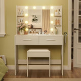 YESHOMY Vanity Desk with Mirror, Makeup Table with 2 Large Drawers, Power Outlet and Round Holder, 3 Color Modes Adjustable Bulb, Bench Included, White YESHOMY