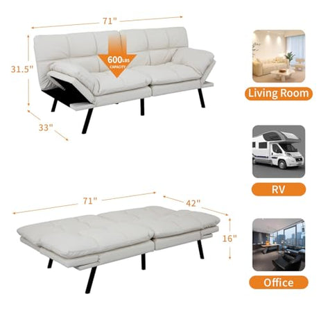 MUUEGM 71-Inch Convertible Futon Sofa Bed with Adjustable Backrest & Removable Armrests, Foldable Sleeper Loveseat for Small Space Living Room, Studio Apartment, Home Office，White MUUEGM