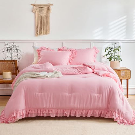 Pink Ruffled Comforter Set Twin Size, 3 Pieces (1 Ruffled Comforter and 2 Pillowcases) Farmhouse Shabby Chic Style with 2 Layers Ruffle, Solid Color Lightweight Soft Fluffy Bedding Sets for Girls Flysheep