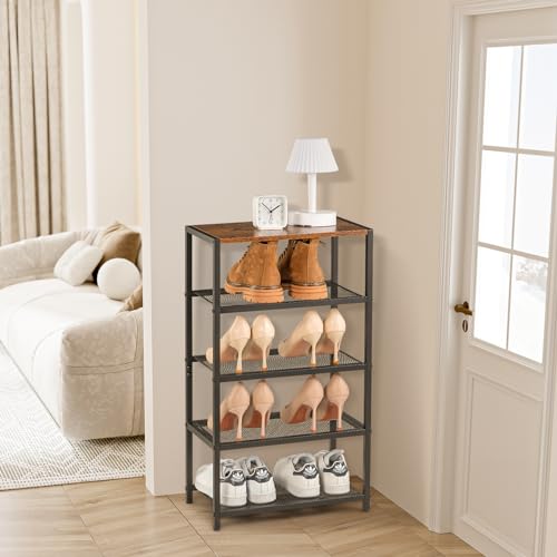 RUNJIMY Narrow Shoe Rack for Front Door Entrance, Entryway, and Closet Shoe Organizer with 4 Sturdy Metal Mesh Shelves and Wooden Top, Holds 10 Pairs, Ideal for Storage or Display RUNJIMY