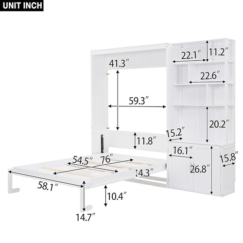 HABITRIO Full Size Murphy Bed, Wooden Full Murphy Wall Bed with Multiple Storage Shelves and A Cabinet, White HABITRIO