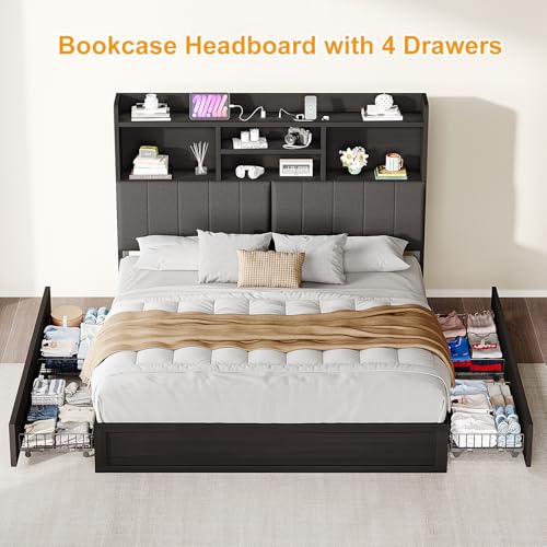 YUMPIE King Bed Frame with Bookcase Headboard and LED Lighting, Black Upholstered Platform Bed with Storage Drawers and Charging Station YUMPIE