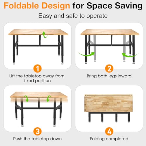 MUWOOD 48”Folding Workbench, 2000 LBS Capacity Heavy Duty Workbench, Height Adjustable Foldable Work Table, Rubberwood Collapsible Desk for Workshop, Garage, Office, Home MUWOOD