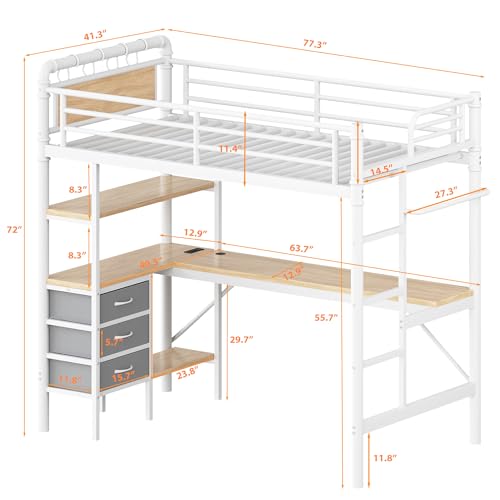 Jocoevol Twin Size Loft Bed with L-Shaped Desk, LED Lights,Charging Station, Industrial Heavy Duty Metal Loft Bed Frame with 3 Storage Shelves and 3 Fabric Drawers, Safety Guard & Ladder, White Jocoevol