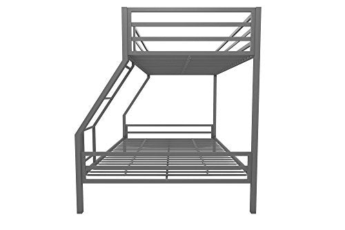 Novogratz Maxwell Metal Bunk Bed Frame for Kids and Teens, with Angled Ladder, High Guardrail and Metal Slats, No Boxspring Required, Underbed Storage Space, Twin-Over-Full, Gray