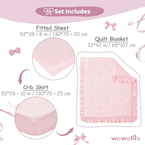 Wowelife Girl Crib Bedding Set, 3-Piece Crib Comforter Set for Girls, Boho Ruffle Pink Nursery Bedding Set Include Crib Comforter, Crib Fitted Sheet and Crib Skirt, Pink Wowelife