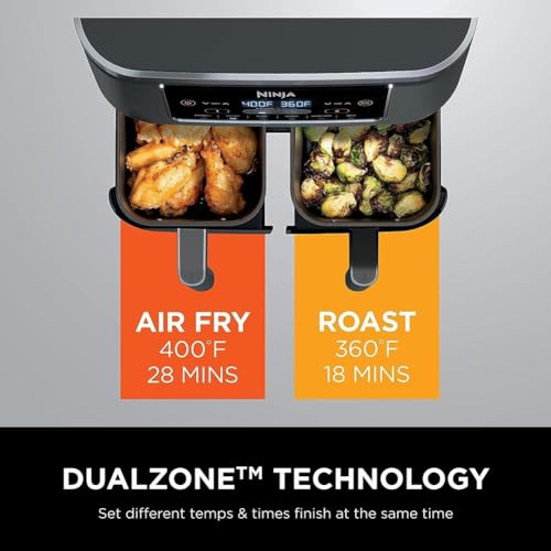 Ninja DZ201 Foodi 8 Quart 6-in-1 DualZone 2-Basket Air Fryer with 2 Independent Frying Baskets, Match Cook & Smart Finish to Roast, Broil, Dehydrate & More for Quick, Easy Meals, Grey Ninja