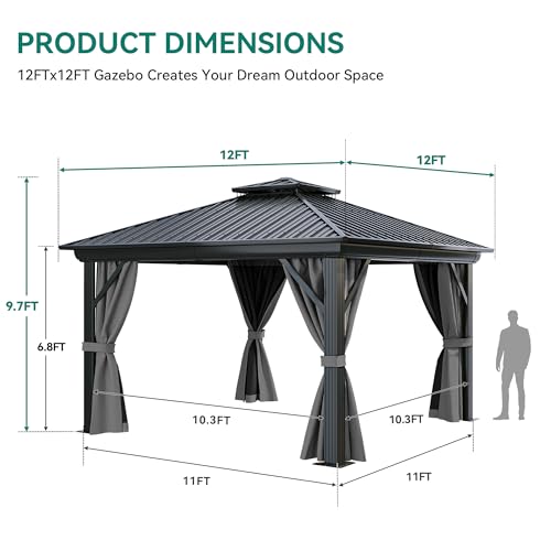 YITAHOME 12x12ft Hardtop Gazebo with Nettings and Curtains, Heavy Duty Double Roof Galvanized Steel Outdoor Combined of Vertical Stripes Roof for Patio, Backyard, Deck, Lawns, Gray - WoodArtSupply