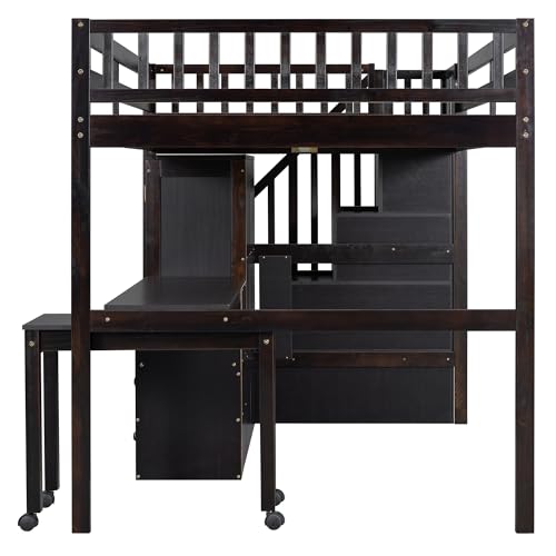 Ball & Cast Loft Bed Full Size with Storage Stairs and Bookshelf,Space-Saving Multifunctional Furniture Bed Frame w/Desk & Wardrobe,for Apartment,Bedroom,Espresso Ball & Cast