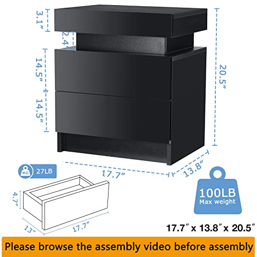 HOMMPA LED Nightstand Modern Black Nightstand with Led Lights Wood Matte Led Bedside Table Night Stand with 2 High Gloss Drawers for Bedroom 20.5" Tall HOMMPA
