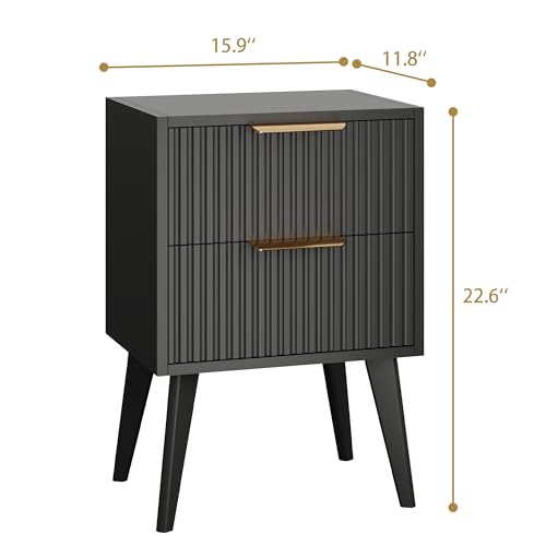 YAUKOMEL Black Night Stand,Modern Bedside Table,Small Nightstand with 2 Drawers,Fluted Side Table with Wood Legs,Mid Century End Table for Bedroom,Small Space,Black 11.8" D x 16" W x 22.4" H CTG55BK YAUKOMEL