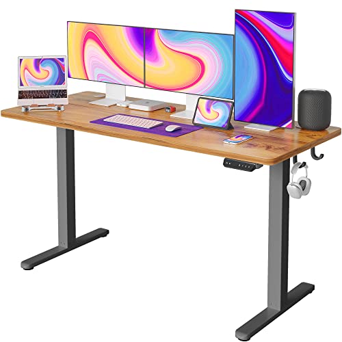 FEZIBO Electric Standing Desk, 63 x 24 Inches Height Adjustable Table, Ergonomic Home Office Furniture with Splice Board, Grey Frame/Light Rustic Brown Tabletop - WoodArtSupply