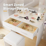 YESHOMY Vanity Desk with Mirror, Makeup Table with 2 Large Drawers, Power Outlet and Round Holder, 3 Color Modes Adjustable Bulb, Bench Included, Easy Assembly, Gloss White YESHOMY