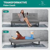 Naomi Home Gray Faux Leather Futon Sofa Bed, Modern Convertible Sofa with Wooden Legs, Reclining Small Couch Bed, Durable and Sturdy, 66'D x 32'W x 31'H Naomi Home